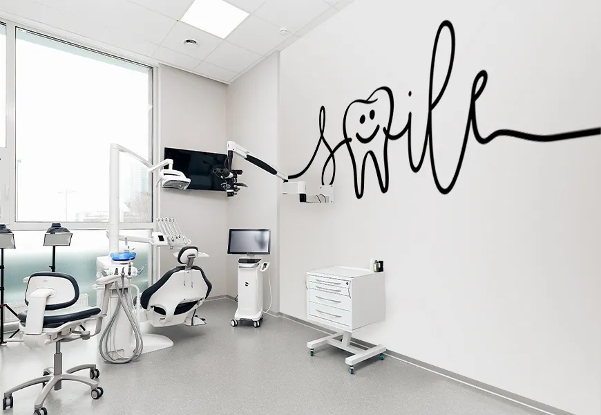 پوستر دیواری سه بعدی مطب دندانپزشکی با شعار لبخند شاد ته نامه
